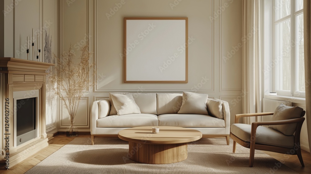 Fototapeta premium Round wooden coffee table near sofa and armchair against window and wall with blank mockup poster frame. Scandinavian interior design of modern living room.