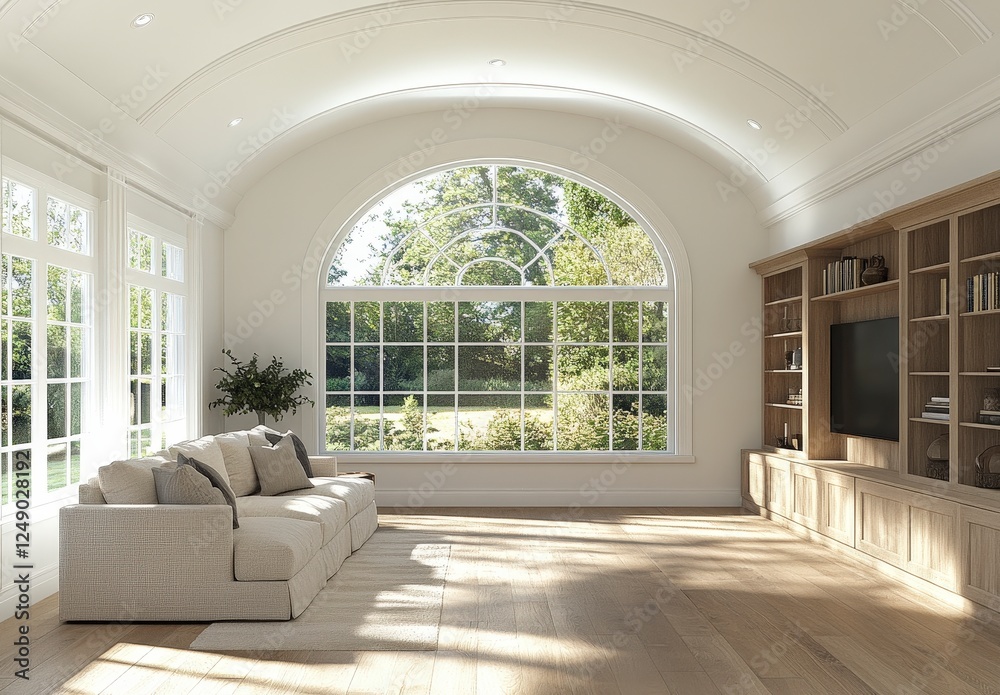 Fototapeta premium Bright and Spacious Modern Living Room with Arched Windows and Sofa