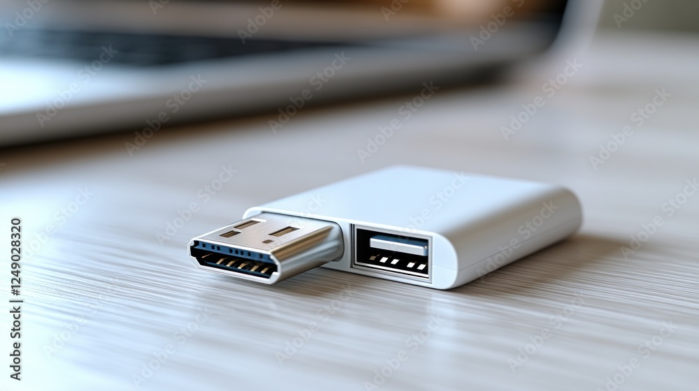 USB-C to USB adapter on desk. USB-C to USB adapter on desk.