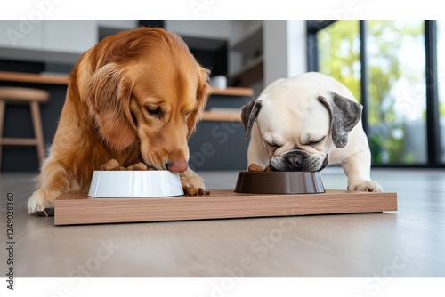 A golden retriever and a pug are happily eating from their respective bowls, creating a warm atmosphere of pet companionship in a minimalist dining space.