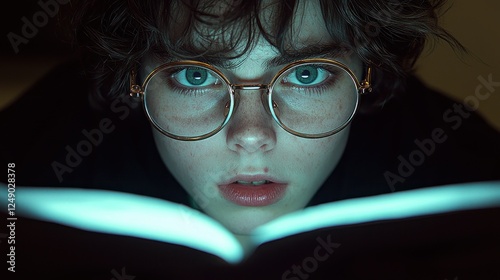 Enigmatic visage with ethereal glow and thoughtful spectacle reflection