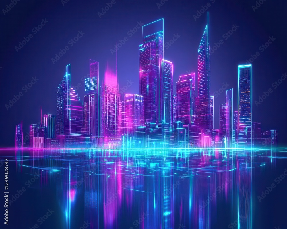 Neon Cityscape Skyline Digital Art Reflecting in Water Neon Cityscape Skyline Digital Art Reflecting in Water