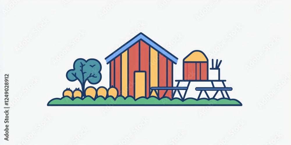 Village scene with a red farmhouse, barn, garden, chicken coop and orchard during the autumn harvest season. Village scene with a red farmhouse, barn, garden, chicken coop and orchard during the autumn harvest season.