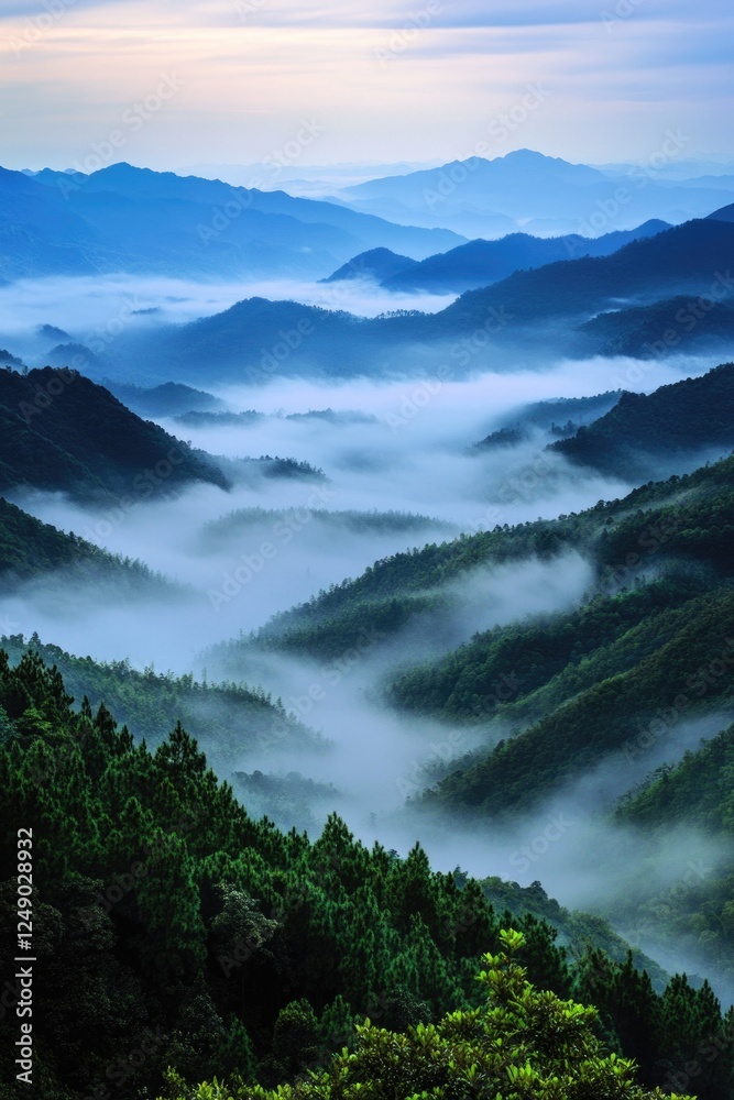 A picturesque scene of a mountain fog valley, with lush green trees and breathtaking views. A picturesque scene of a mountain fog valley, with lush green trees and breathtaking views.