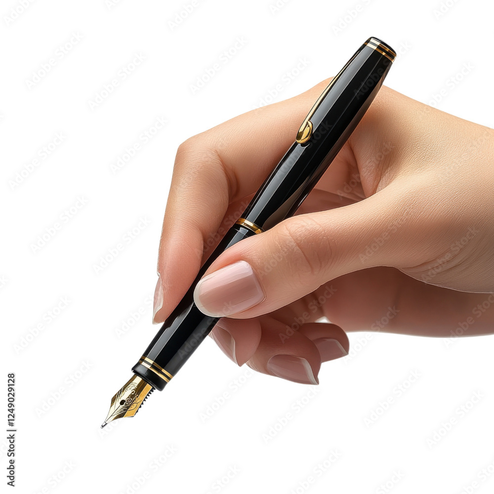 A hand holds a sleek black fountain pen, poised for writing with an elegant gold nib. A hand holds a sleek black fountain pen, poised for writing with an elegant gold nib.