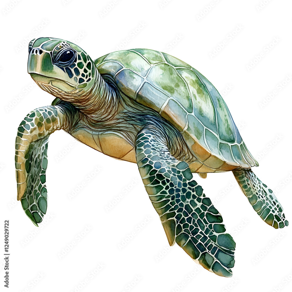 Fototapeta premium Watercolor of a Graceful Green Turtle on Smooth White Background