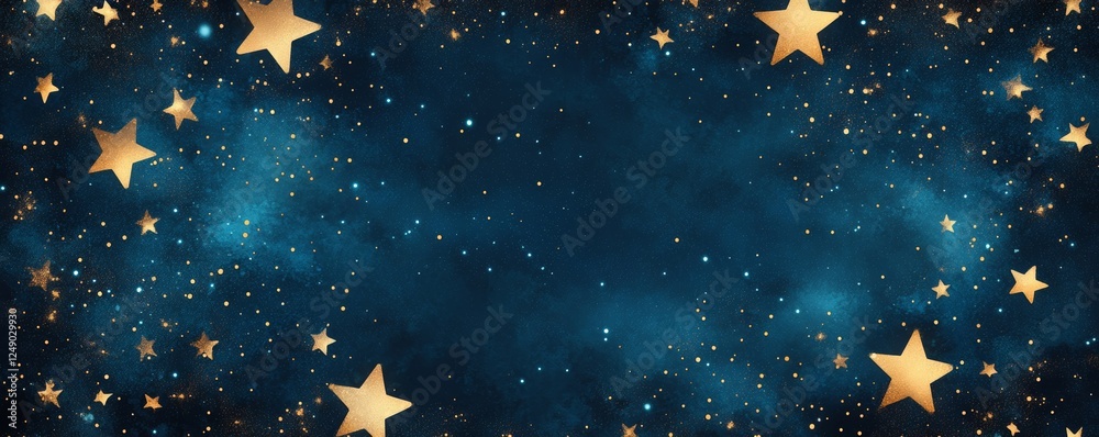 Fototapeta premium golden stars twinkle on a dark blue background. The stars are arranged in a circle, leaving a space in the center for text or an image