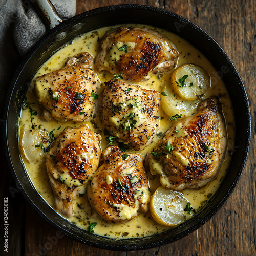 Succulent chicken thighs cooked in creamy mustard sauce with herbs and lemon, served in rustic pan. Perfect for comforting meal