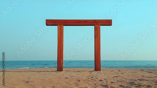 Wooden Torii Gate on Sandy Beach photo