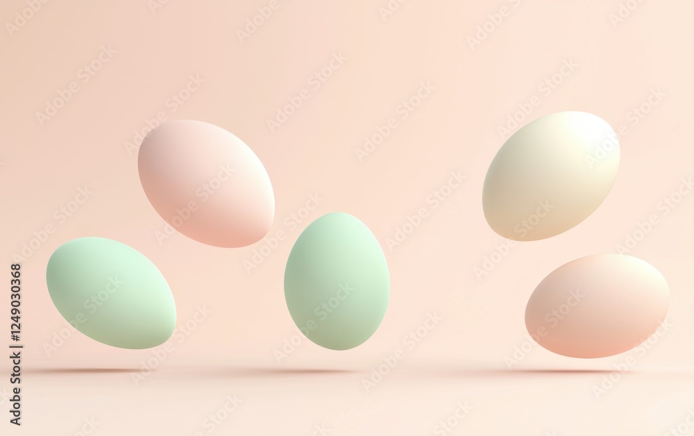Minimalist floating 3D Easter egg shapes in muted pink, green, and cream tones over a clean pastel background for Easter Minimalist floating 3D Easter egg shapes in muted pink, green, and cream tones over a clean pastel background for Easter