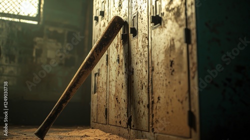Baseball bat leaning against locker, dusty atmosphere
