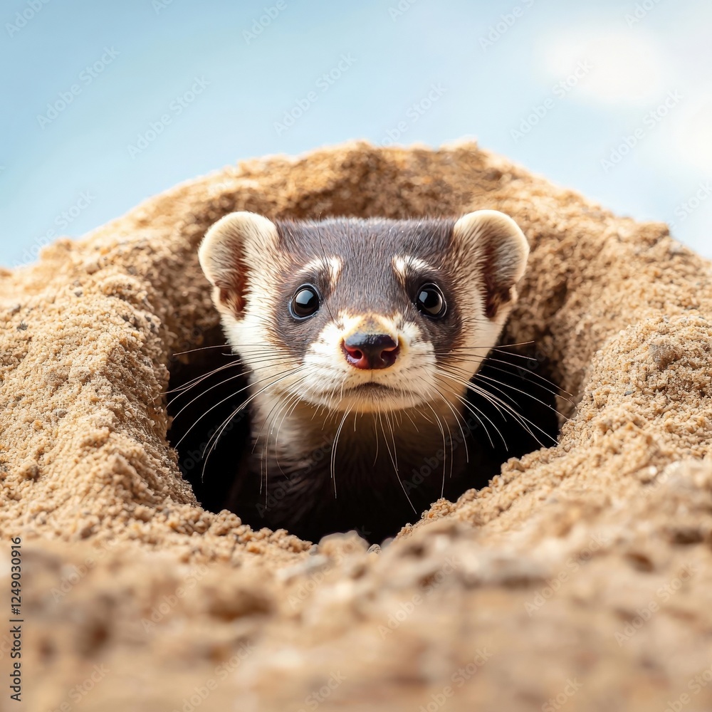 Illustration of a black-footed ferret peeking out of its burrow Illustration of a black-footed ferret peeking out of its burrow