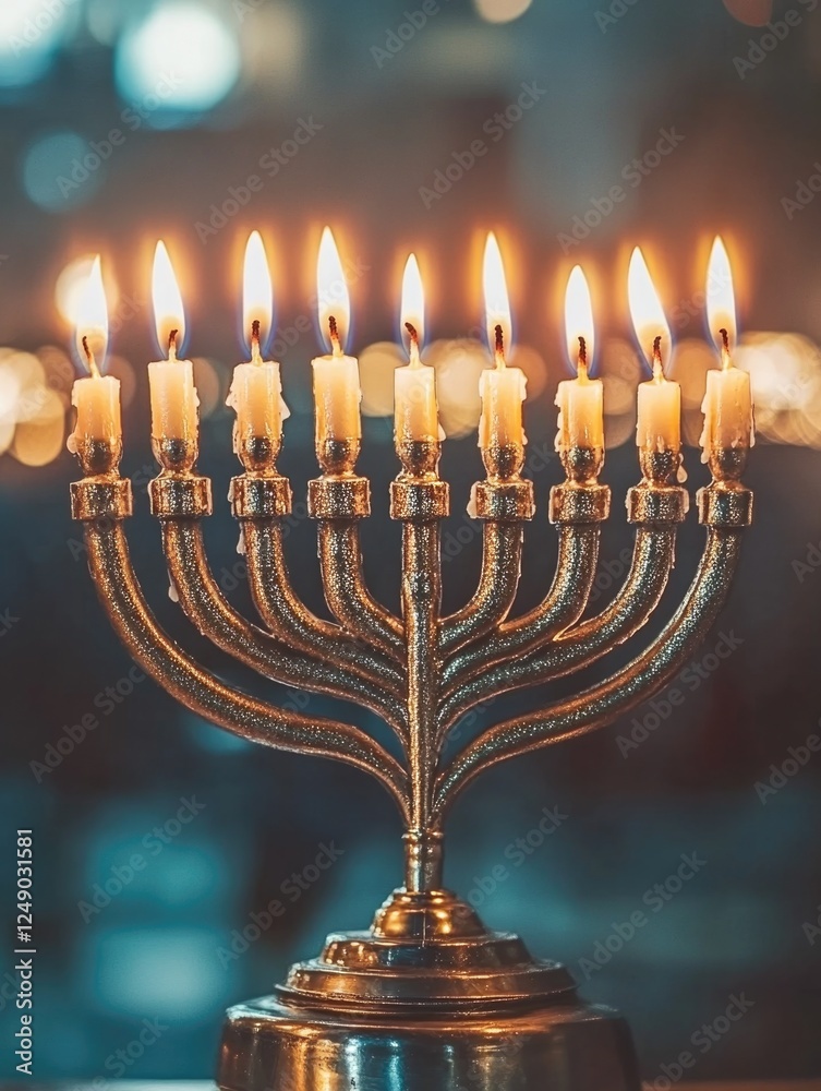 Hanukkiah with lit candles in shadowed room Hanukkiah with lit candles in shadowed room