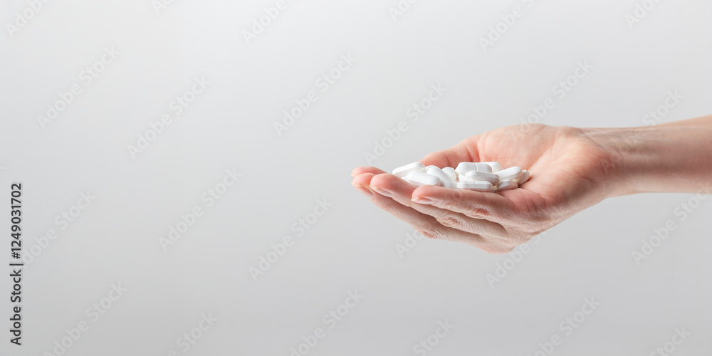 A hand full of white pills in a woman's hands. Concept of health care, dietary supplements, treatment of depression and diseases. High-quality photo banner A hand full of white pills in a woman's hands. Concept of health care, dietary supplements, treatment of depression and diseases. High-quality photo banner