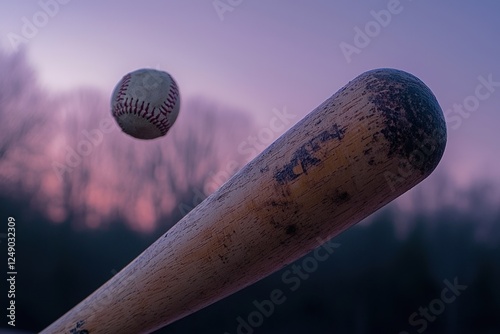 Baseball bat with ball in the background at dusk