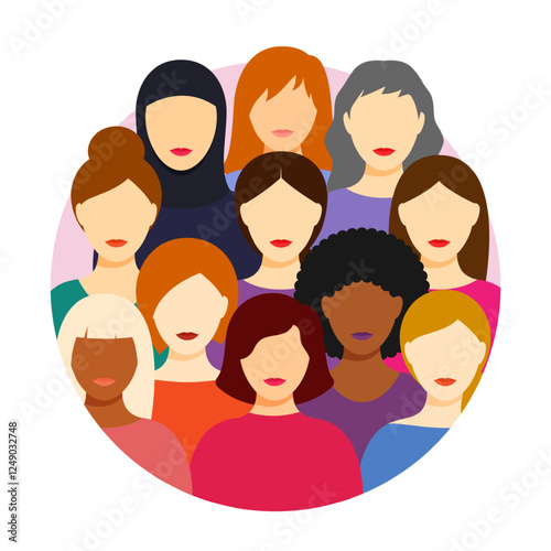 Vector illustration of group of women portrait in a circle on transparent background