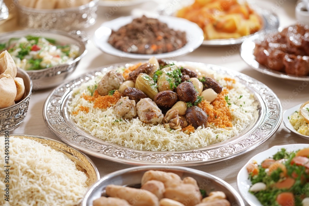 Variety of Middle Eastern dishes in a buffet spread.