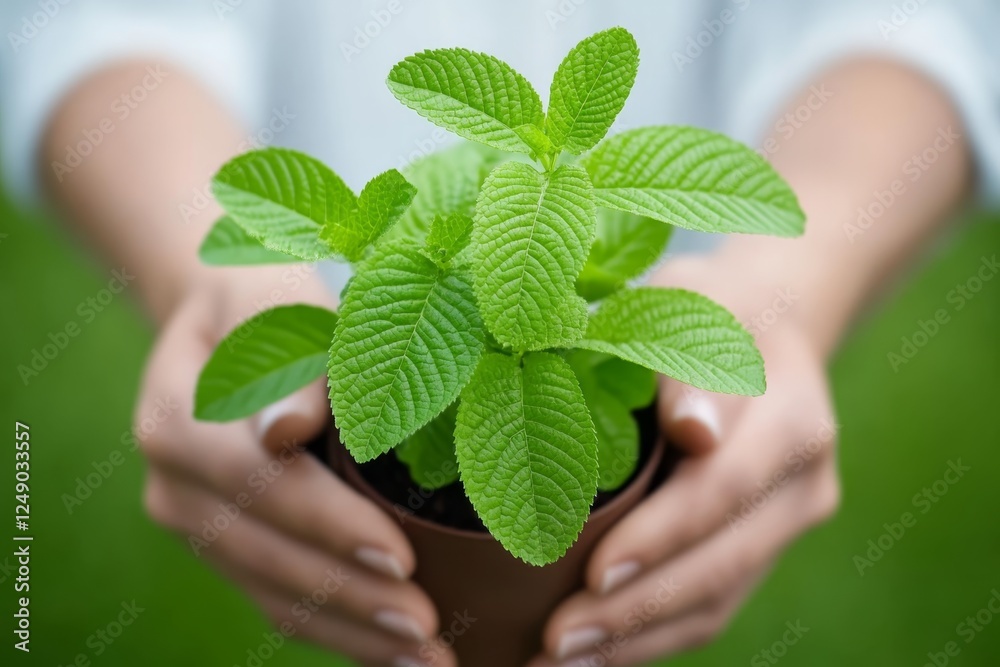 Fresh green herb plant held by hands on a sunny day in a garden setting with soft focus background Fresh green herb plant held by hands on a sunny day in a garden setting with soft focus background