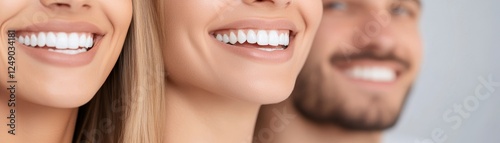 A group of happy people showcasing bright smiles with healthy white teeth, reflecting confidence, joy, and the life-changing impact of cosmetic dental procedures, all set against blurred background.
