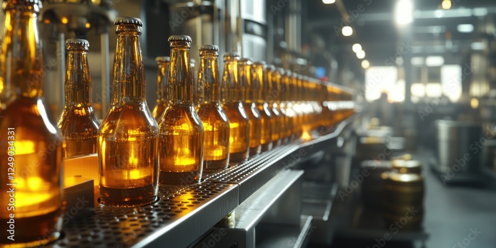 Industrial image of a bottle production line in a factory. Automated machinery fills glass bottles with beer, highlighting the efficiency of modern food processing. Industrial image of a bottle production line in a factory. Automated machinery fills glass bottles with beer, highlighting the efficiency of modern food processing.