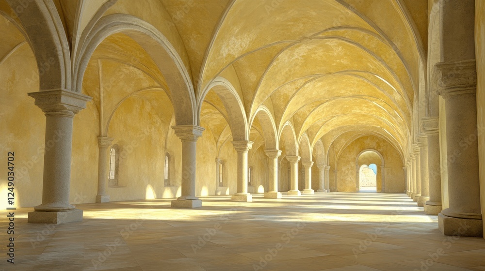 Serene Interior of Ancient Hall with Arched Columns and Warm Light Serene Interior of Ancient Hall with Arched Columns and Warm Light