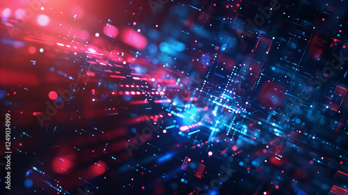 Futuristic digital abstract background. Neon cyber space with glowing pink and blue lights, geometric grid structures, and motion blur. High-tech, AI, and virtual reality-inspired concept.