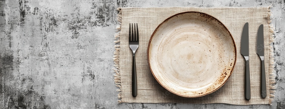 Elegant Top View of a Table Setting Featuring a Beige Plate, Stainless Steel Fork, Knife, and Textured Linen Placemats on a Rustic Surface Elegant Top View of a Table Setting Featuring a Beige Plate, Stainless Steel Fork, Knife, and Textured Linen Placemats on a Rustic Surface