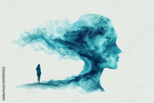 a silhouette of a woman standing alone in front of a blue watercolor painting of a woman's head, symbolizing loneliness and isolation.  The head is made up of blue, watercolor strokes.