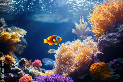 Colorful underwater scene with a clownfish amidst vibrant coral life.