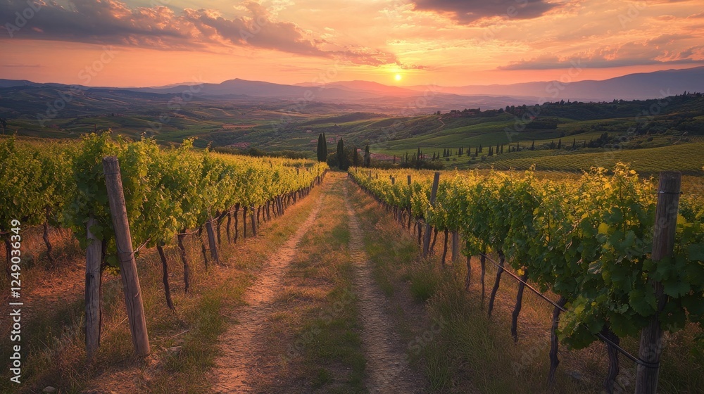 Fototapeta premium In the rolling hills, a sunlit vineyard features rows of grapevines