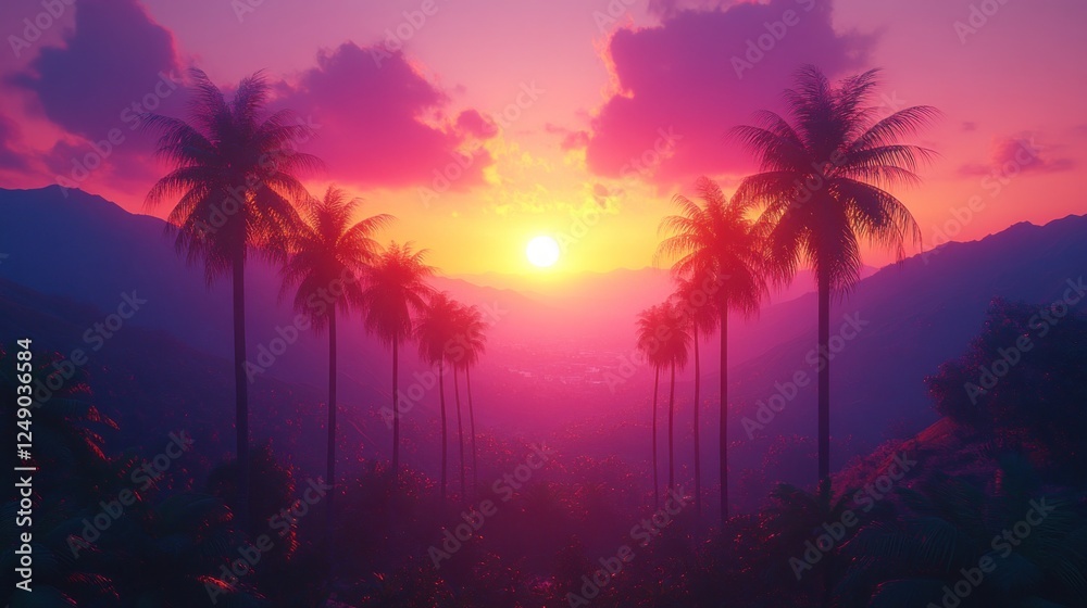 Obraz premium Vibrant sunset over palm trees and mountains.