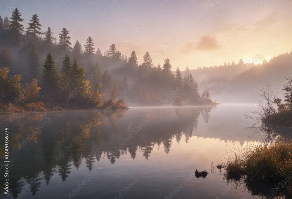 Obraz premium Enchanting fog blanketing a tranquil lake at sunrise, enchanting, tranquil, sunrise, fog