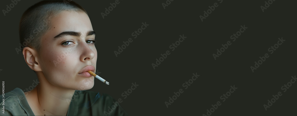 Obraz premium Portrait of a Person With Haircut and Smoking Against a Minimalist Background