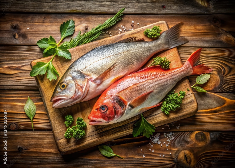 Fresh Raw Grouper and Sea Bass on Rustic Wooden Board - Vintage Seafood Photo