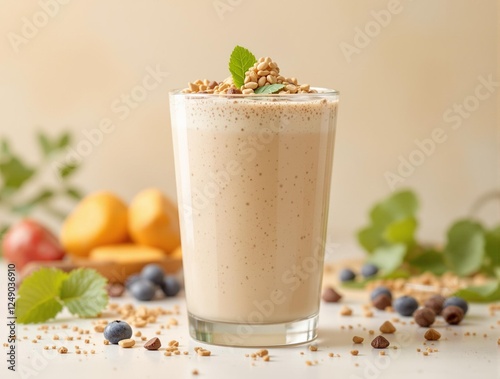 protein shake in a glass with natural ingredients on clean light background suggesting purity and health in every sip ideal for wellness and fitness promotions photo