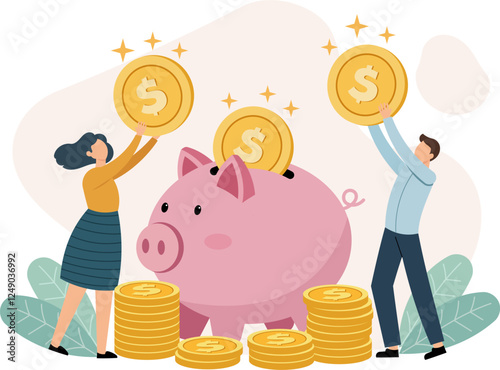 Illustration of a financial savings concept featuring a large pink piggy bank at the center surrounded by stacks of gold coins.