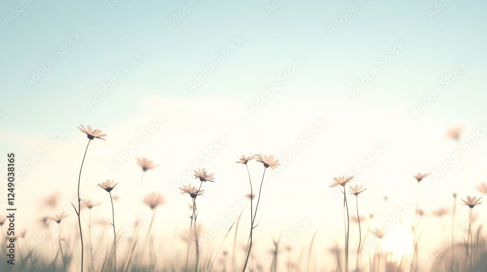 Fototapeta premium Sunset daisies field, peaceful nature scene, idyllic landscape, calming background