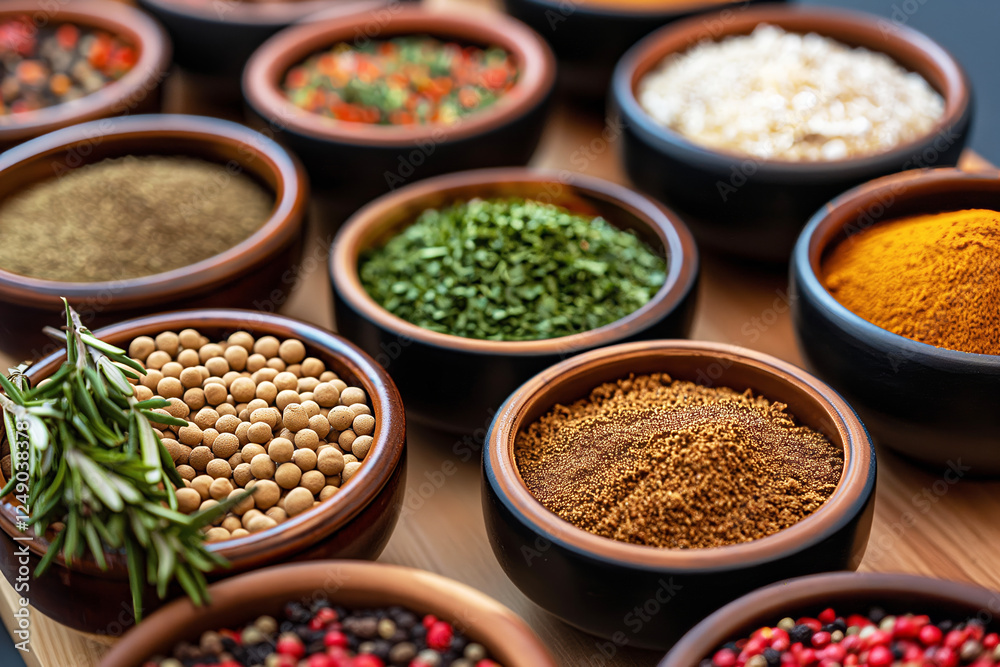 Diverse collection of colorful spices in wooden bowls Diverse collection of colorful spices in wooden bowls
