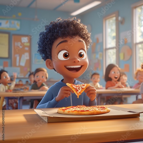 there is a cartoon boy eating a slice of pizza in a classroom