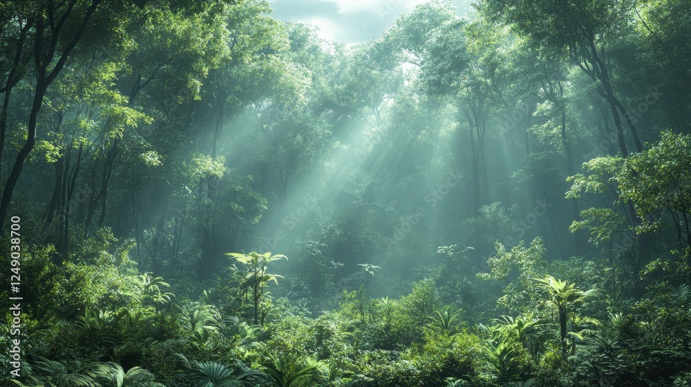 Sunbeams pierce lush rainforest; misty scene Sunbeams pierce lush rainforest; misty scene