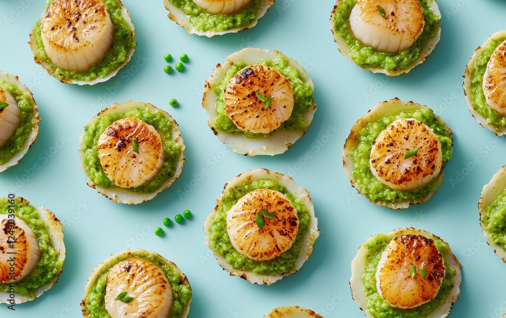 Pan-fried scallops with truffle oil and pea purÃ?e, arranged on a pastel cyan background Pan-fried scallops with truffle oil and pea purÃ?e, arranged on a pastel cyan background