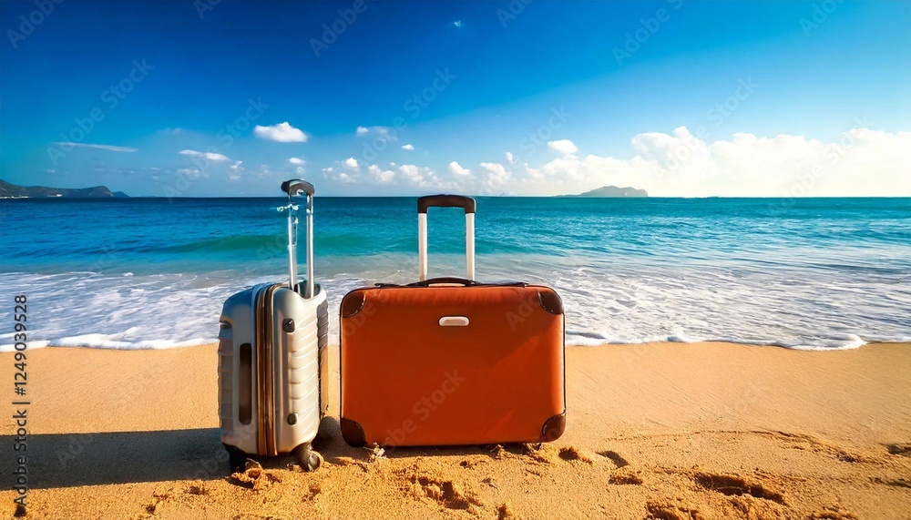 Suitcases resting on golden sand beside calm blue ocean under a sunny sky Suitcases resting on golden sand beside calm blue ocean under a sunny sky