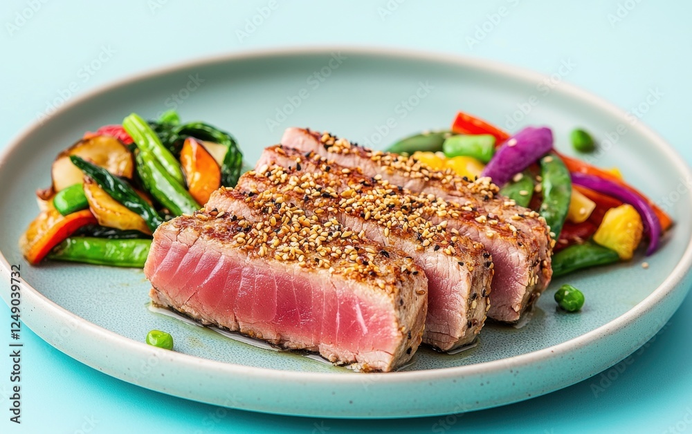 Pan-seared tuna steak with sesame crust, wasabi aioli, and a side of stir-fried vegetables, plated on a pastel cyan background Pan-seared tuna steak with sesame crust, wasabi aioli, and a side of stir-fried vegetables, plated on a pastel cyan background
