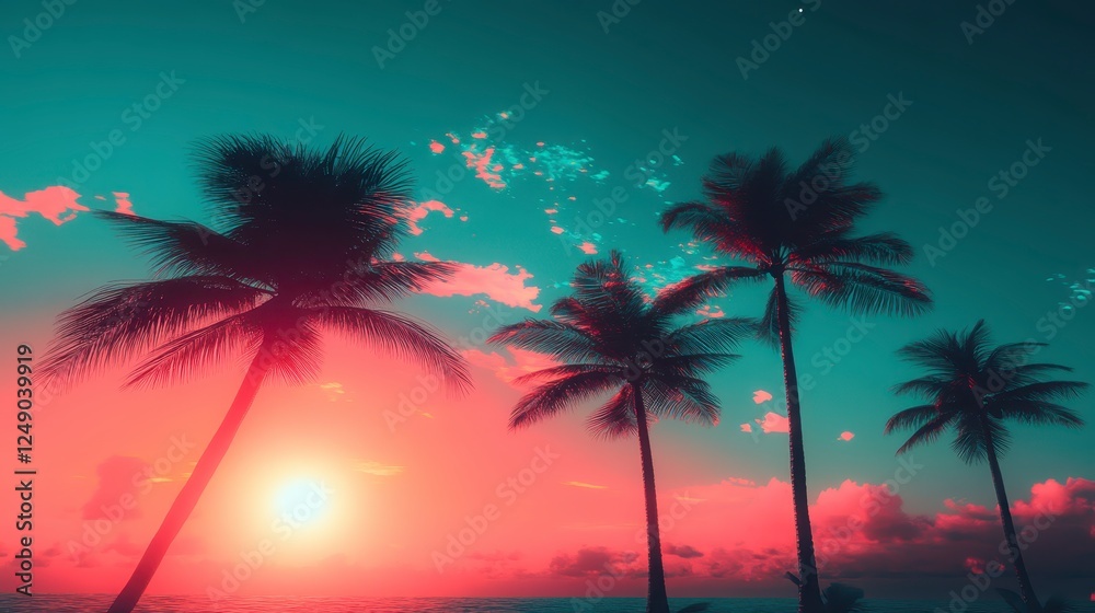A pixelated sunset scene, with silhouettes of palm trees against a vibrant pink and teal sky, in a digital art style, featuring warm sunset tones A pixelated sunset scene, with silhouettes of palm trees against a vibrant pink and teal sky, in a digital art style, featuring warm sunset tones