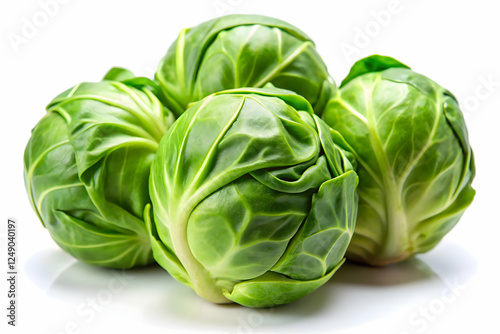 Wallpaper Mural Fresh Brussels Sprouts: Four vibrant, fresh Brussels sprouts, nestled together, showcasing their bright green color and tight, firm leaves. Torontodigital.ca