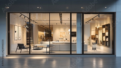 Sleek modern store with glass windows and artistic interior displays. 