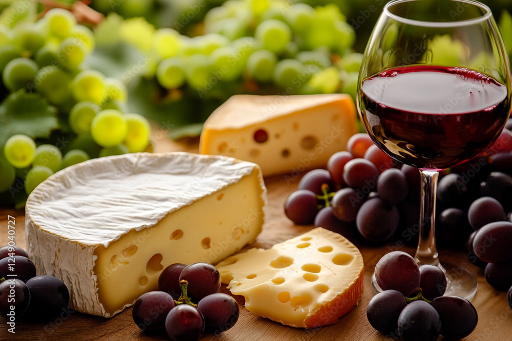 Grapes, cheese and red wine on the background of a vineyard Grapes, cheese and red wine on the background of a vineyard