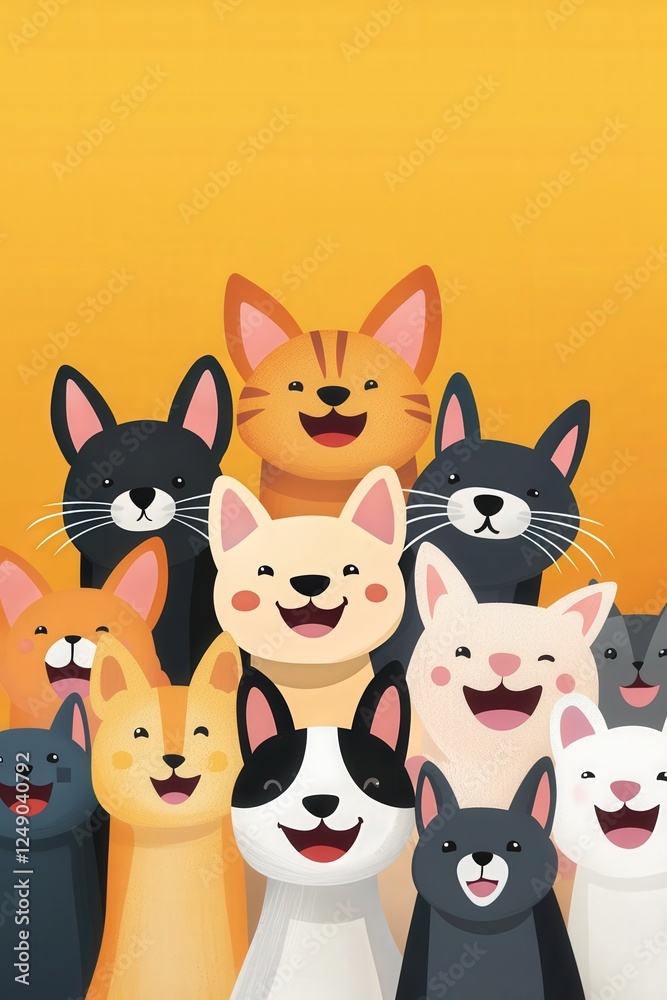Illustration of a cheerful adoption poster with happy animals and bright colors Illustration of a cheerful adoption poster with happy animals and bright colors