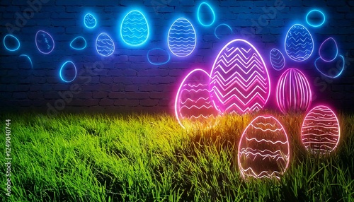 Vibrant neon Easter eggs glowing against a grassy backdrop during the spring celebration