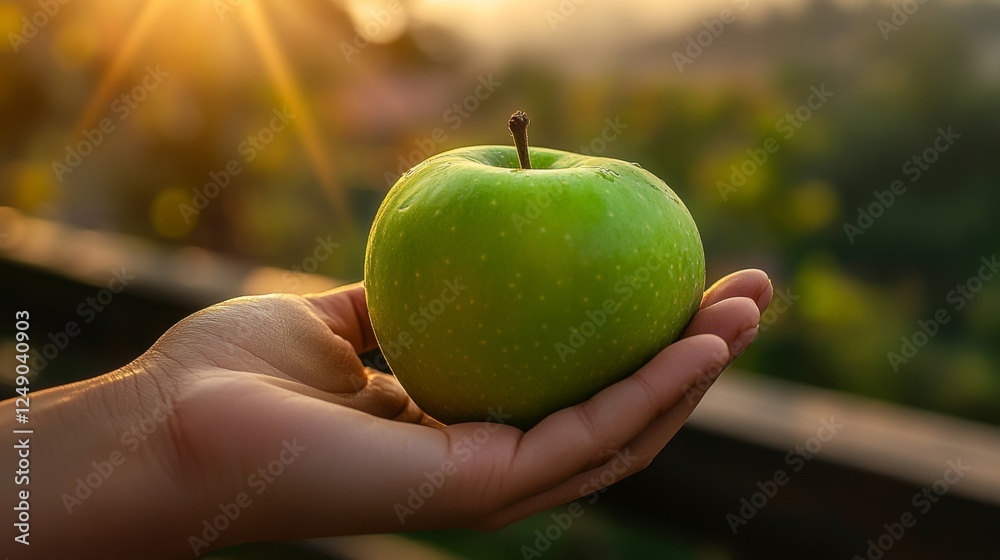 Surrounded by trees, a hand grasps a bright green apple in a sunlit orchard Surrounded by trees, a hand grasps a bright green apple in a sunlit orchard